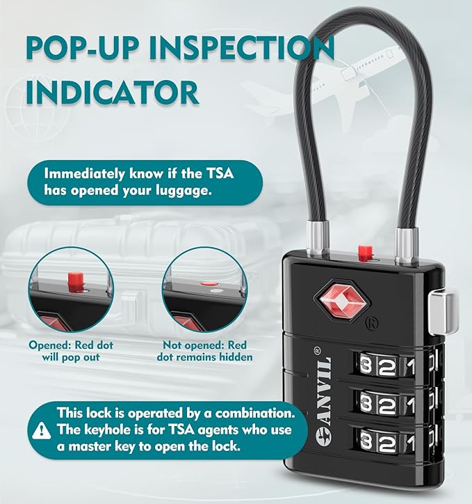 ANVIL TSA Approved Luggage Locks – High Security TSA008 Combination Travel Locks with Inspection Indicator for Suitcases and Backpacks. (4 Colors)