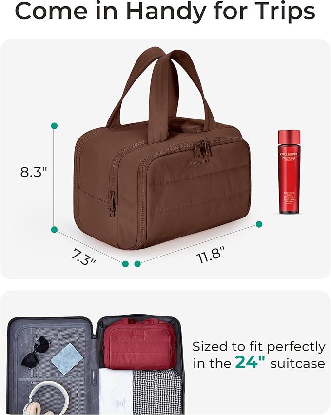 BAGSMART Travel Toiletry Bag, Puffy Toiletry Bag for Women, Wide-open toiletry bags for traveling, Large Travel Cosmetic Makeup Bag Organizer for Accessories,Toiletrie (Coffee Brown)
