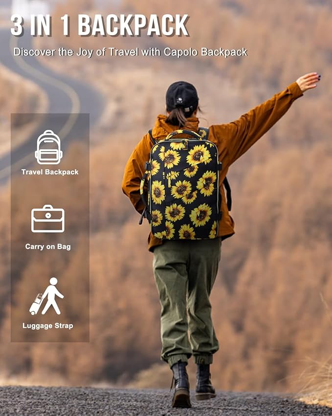 Capolo Travel Backpack for Women Men Waterproof Laptop Backpack Flight Approved Carry On Backpack Overnight Weekender Bag College Bookbag for Business, Work, Traveling Fits 15.6 '' Laptop,Sunflower
