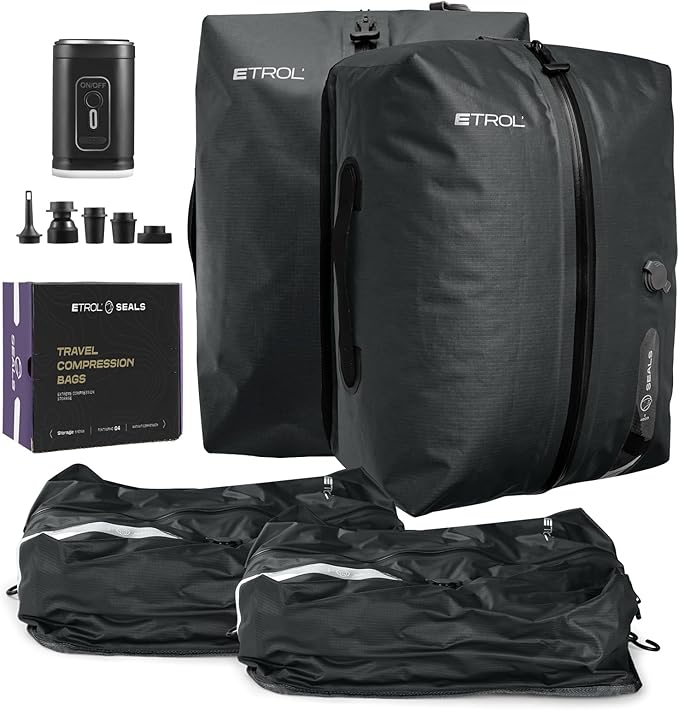 TPU Vacuum Bag for Travel, 70D Nylon Reusable Compression Bag with IP67 Waterproof Zipper, Compression Packing Cubes for Clothing(Gray-2 PCS + PUMP)