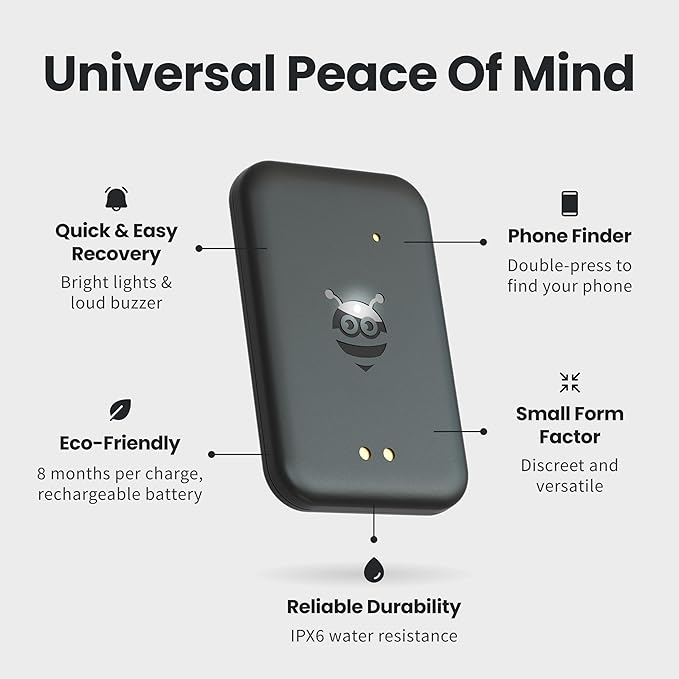 Pebblebee Tag Universal - Rechargeable Mini Item Tracker | Alternative to Air Tag & Android | 8-Month Battery Life | Works with Both Android & iOS Find My App | LED & Sound Alerts
