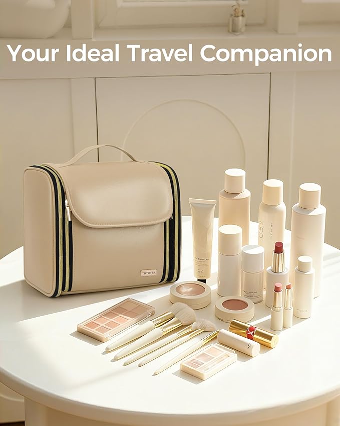 Hanging Toiletry Bag, PU Leather Makeup Bag Large Capacity with Jewelry Organizer for Brushes Set, Cosmetic Accessories, Khaki