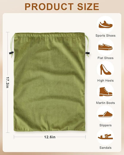 FantasyLife Shoe Bags for Travel, Washable Dust Bags for Storage & Packing, Flannel Shoe Pouch with Drawstring Closure for Purses, Handbags, Shoes & Toys (4, Sage Green)