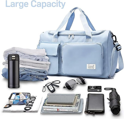 Sports Gym Duffel Bag with Shoes Compartment and Dry Wet Separated Pocket for Men and Women - Blue