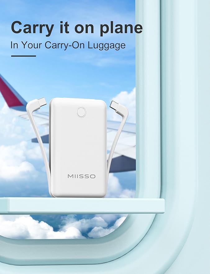 miisso 10000mAh Compatible with iPhone 15/16/17 and Android, Slim Portable Charger with Built in Cable, Power Bank Travel Charger External Battery Pack for Phone, 3 Output USB Type C Cord, White