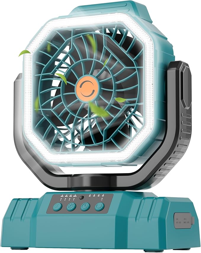 AVV 20000mAh High Speed Portable Camping Rechargeable Fan with Remote Control, Battery Powered with Auto Oscillating with Camping Essentials Accessories for Outdoor, Beach, Patio, Tent, Cyan