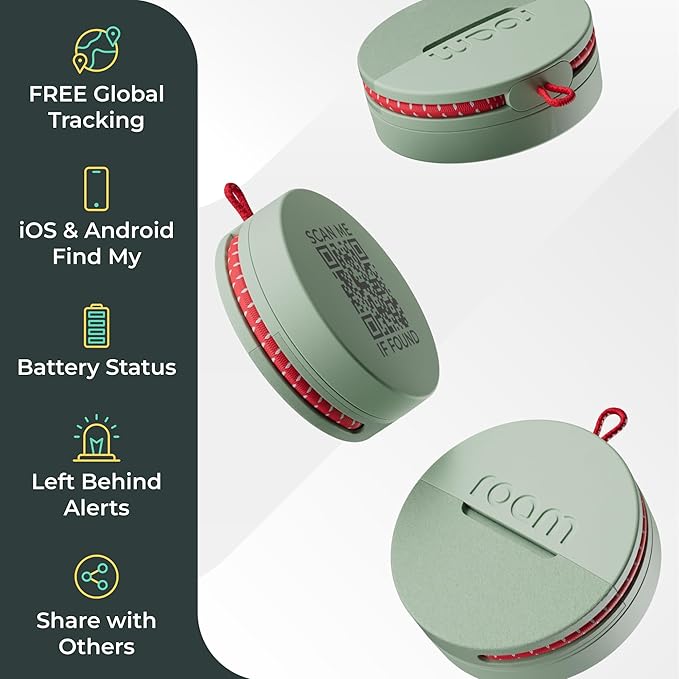 Roam Smart Tracker | Family-Friendly Eco Tracker for Keys, Bags & Kids’ Gear | Works with iOS & Android | Built-in Strap, QR Lost & Found | Replaceable Battery | No Extra App | 1-Pack, Green
