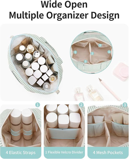 Narwey Travel Toiletry Bag, Wide-open Large Toiletry Bags for Traveling Women, Checkered Travel Bag for Toiletries Cosmetic Makeup Bag Organizer, Skincare Make Up Bag (Mint Green Stripe)