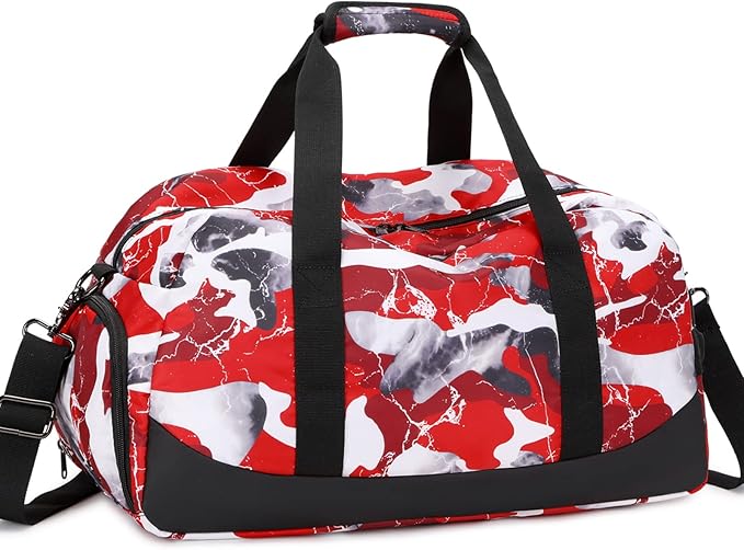 JIANYA Kids Duffle Bag Boys Sports Gym Bag with Shoe Compartment & Wet Pocket, Kids Carry On Weekender Travel Bag, Camo Red