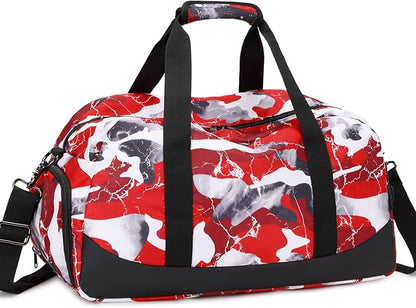 JIANYA Kids Duffle Bag Boys Sports Gym Bag with Shoe Compartment & Wet Pocket, Kids Carry On Weekender Travel Bag, Camo Red