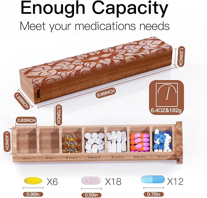 Wooden Pill Organizer, 7 Day Pill Box, Travel Pill Box, Wooden Pill Case Privacy Protection Perfect for Medication, Vitamins, Fish Oils, Supplements (Plus Sapele)