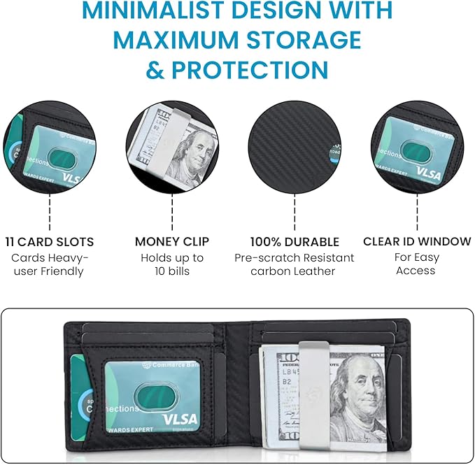 Mens Wallet | 11 Credit Card Holder | Built-In Money Clip | Slim Minimalist | RFID Blocking | Premium Leather | Gift for Him, Carbon, SNM097