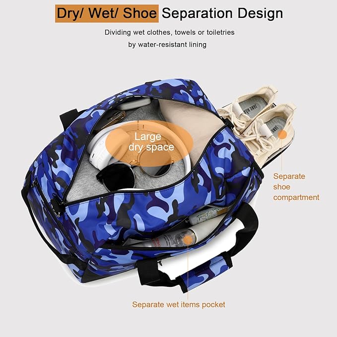 Octsky Overnight Bag Weekender Bag Sports Gym Travel Duffel Bag with Shoe Compartment Camo Blue