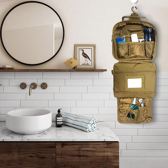 SMONT Toiletry Bag for Men Travel Toiletry Organizer Dopp Kit Organizer Toiletries Travel Bag Shaving Hygiene Bag Bathroom Hanging Men's Toiletry Bag for Short Trips Khaki