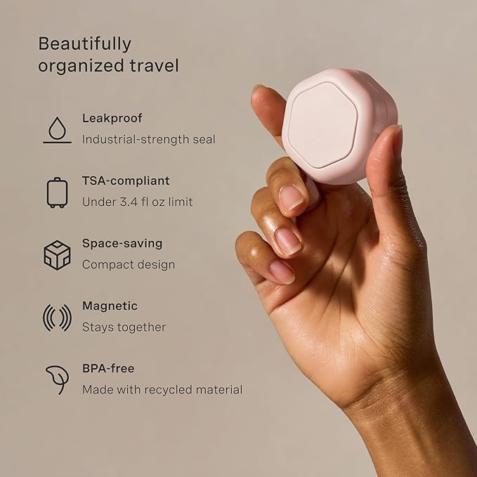 Cadence Travel Containers Basic Skincare Set - Magnetic Containers with Lids,Carry On Travel Essentials For Women/Men - 3 Small Capsules (0.56oz) - Cleanser, Moisturizer & Sun-Icon Labels - Petal