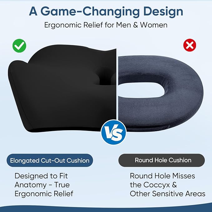 Donut Pillow with Lengthened Center Hole Suspends Tailbone & Sensitive Area, Relieves Pressure for Hemorrhoid and Coccyx Pain, Ergonomic Office & Car Seat Cushion for Prolonged Sitting
