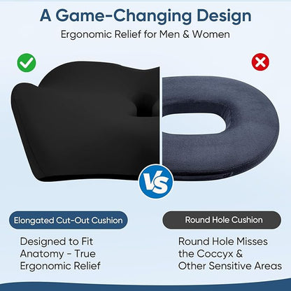 Donut Pillow with Lengthened Center Hole Suspends Tailbone & Sensitive Area, Relieves Pressure for Hemorrhoid and Coccyx Pain, Ergonomic Office & Car Seat Cushion for Prolonged Sitting