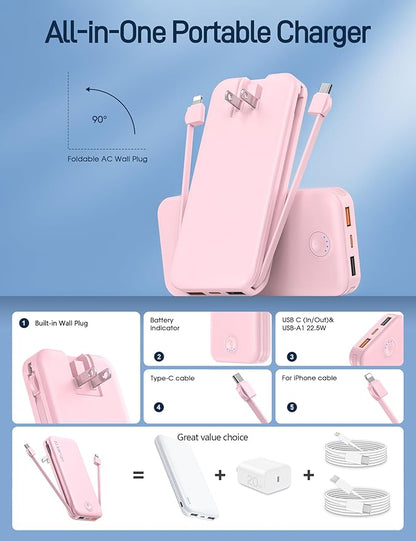 22.5W Super Fast Charging Portable Charger with Wall Plug,12000mAh USB-C Power Bank Built-in 2 Cable, Lightweight Phone Charger Travel Battery Pack for All iPhone, Samsung, Tablets