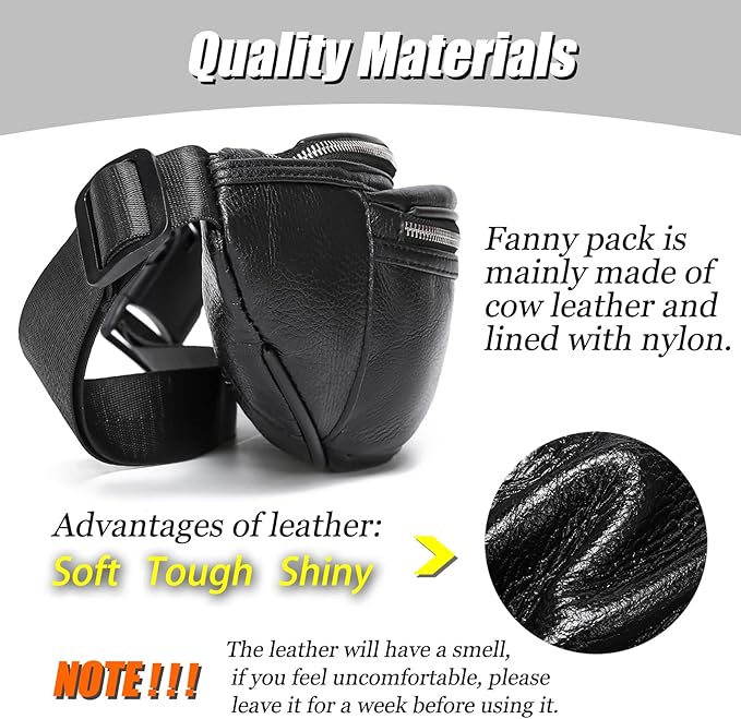Black Fanny Pack for Men Genuine Leather Waist Bag Multiple Pockets Metal Zippers Belt Bag for Travel Hiking Cycling Fishing