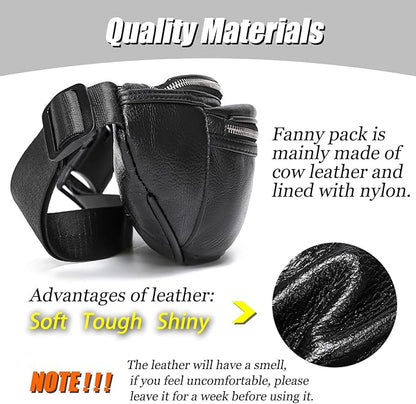 Black Fanny Pack for Men Genuine Leather Waist Bag Multiple Pockets Metal Zippers Belt Bag for Travel Hiking Cycling Fishing