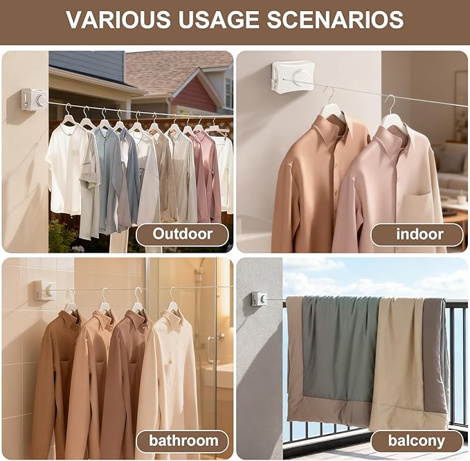 Retractable Clothesline for Outdoor & Indoor Use, 16.73 Ft Heavy Duty Retracting Clothes Line with Single Stainless Steel Rope - Laundry Drying Rack for Bathroom, Outside Areas (White)