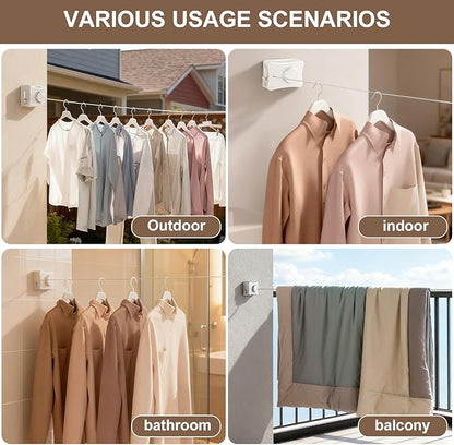 Retractable Clothesline for Outdoor & Indoor Use, 16.73 Ft Heavy Duty Retracting Clothes Line with Single Stainless Steel Rope - Laundry Drying Rack for Bathroom, Outside Areas (White)