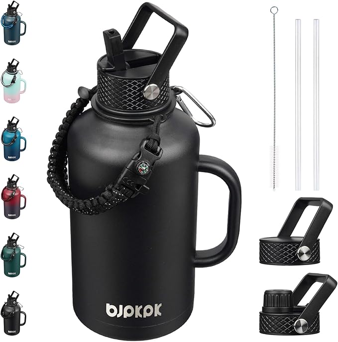 BJPKPK Half Gallon Insulated Water Bottles with Straw Lid & Side Handle, 50oz, 64oz, 87oz, 128oz Large, Stainless Steel Water Bottles with 3 Lids and Paracord Strap, Metal Water Jug,Black