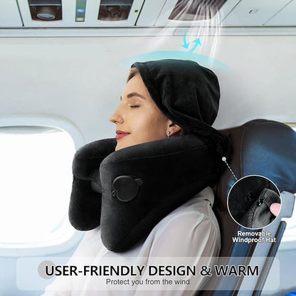 Neck Pillow for Travel Inflatable Airplane Pillow Comfortably Supports Head,Neck and Chin,Inflatable Travel Pillow with Soft Velour Cover,Hat,Portable Drawstring Bag (Black)