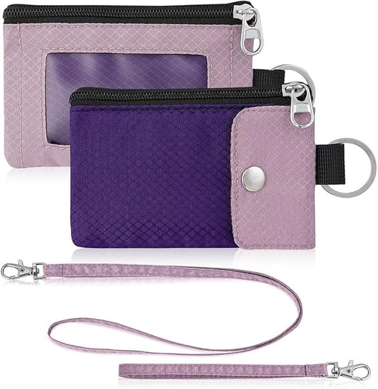 Minimalist Wallet For Mens Womens, Keychain RFID Blocking Zipper Small Wallet with ID Window 2 Lanyards,Water Resistant Travel Cash Card Coin Case Boys Girls