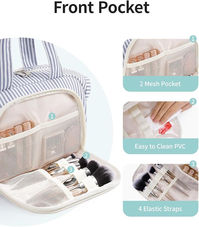 Narwey Travel Toiletry Bag, Wide-open Large Toiletry Bags for Traveling Women, Checkered Travel Bag for Toiletries Cosmetic Makeup Bag Organizer, Skincare Make Up Bag (Greyish Blue Stripe)