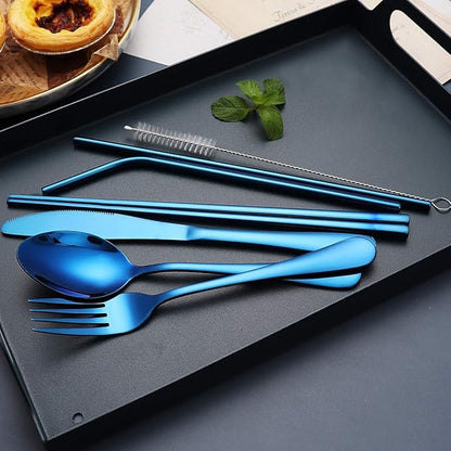 Portable Stainless Steel Flatware Set, Travel Camping Cutlery Set, Portable Utensil Travel Silverware Dinnerware Set with a Waterproof Case (Blue)