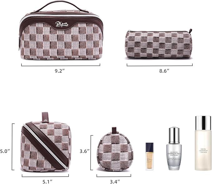 BOYATU Travel Makeup Bag for Women: Large Cosmetic Bag Set of 3 - PU Leather Make up Bag with Compartments - Compact Waterproof Toiletry Bag with Divider & Handle (D-3-Brown)