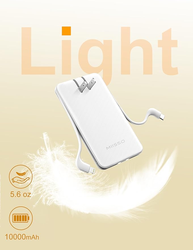 miisso Ultra Slim 10000mAh Power Bank Built-in Cables and Foldable AC Wall Plug, Pocket Size USB C Portable Charger, External Battery Pack Compatible with iPhone Samsung iPad etc, White