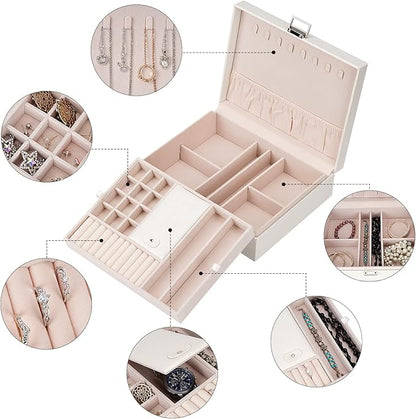 Jewelry Organizer Box for Girls Women - Double Layer Large Travel Jewelry Case with Gift Box/White