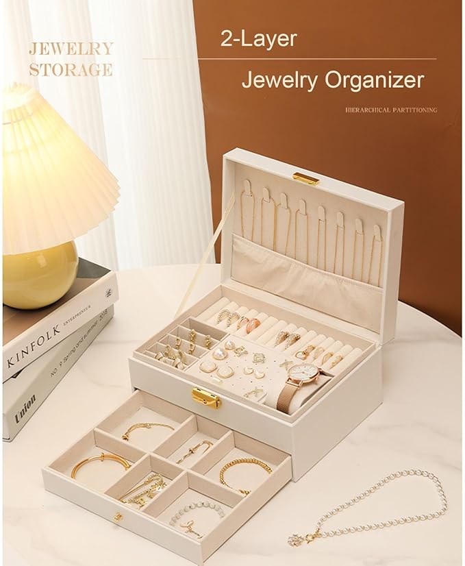 GUOER Jewelry Box for Women Girl Wife - Large PU Leather Jewelry Organizer Storage Case with Two Layers Display for Earrings Bracelets Rings Watches (White)
