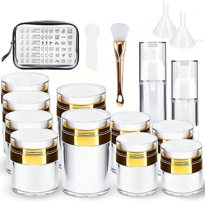 20 Pack Airless Pump Jars Set, 3.34/1.7/1/0.5/oz Refillable Travel Size Containers, Gold Travel Bottles Empty Lotion Container, Glass Jars for Toiletries Moisturizer Container