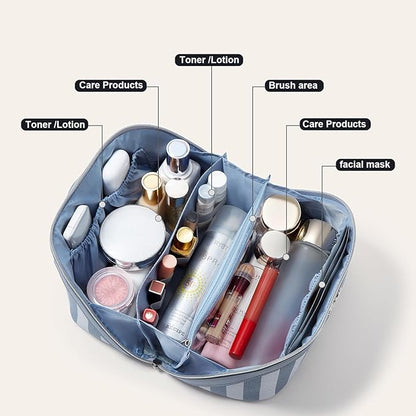 BOYATU Travel Makeup Bag for Women: Large Cosmetic Bag Set of 3 - PU Leather Make up Bag with Compartments - Compact Waterproof Toiletry Bag with Divider & Handle (B-2-Blue)