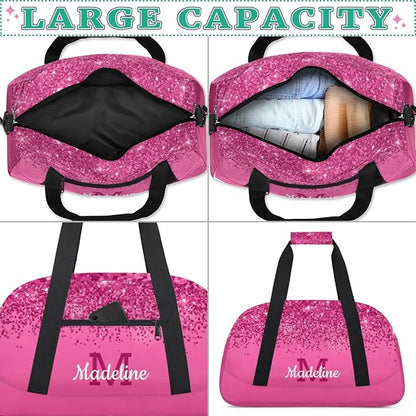 Personalized Kids Sports Duffel Bag with Name Custom Weekender Overnight Bag for Boys Girls Gym Bag Travel Dance Gymnastics Duffel Bag, DeepPink Glitter