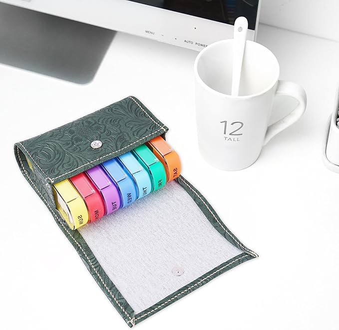 Pill Organizer,Haecsfl Weekly Travel Pill Case Box Medication Reminder Daily AM PM, Day Night 7 Compartments,for 4 Times A Day, 7 Days a Week-Includes Leather PU Carrying Case(1-Carved Green2)