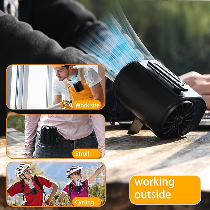 Portable Waist Fan Detachable Dual-Fan Combination Turbo Technology10000 mAh 5-Speed 13000RPM Clip On Belt Wearable Personal Neck Fan for Traveling Outdoor Jobsite Camping (BLACK)