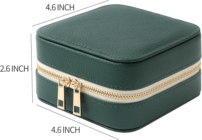 Genuine Leather Travel Jewelry Organizer Case with Mirror for Women, Small Mini Portable Jewelry Box for Ring Earrings Necklace Bracelet Luxury Gift for Women（Dark Green）