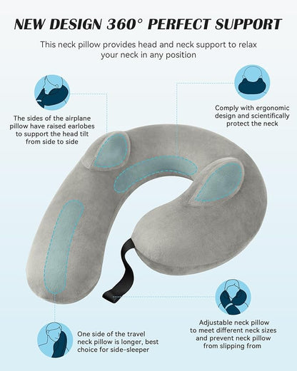Inflatable Neck Pillow for Travel, Travel Pillow Support Head and Neck, Travel Neck Pillow for Airplane,Train,Car,Office,Home,Washable Cover (Grey)