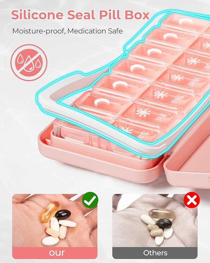 Zoksi Am Pm Pill Organizer 7 Day, Weekly Pill Box 2 Times a Day, Medicine Pill Organizer with Separate Compartment, Travel Pill Case Dispenser Portable for Vitamins, Fish Oils, Medicines(Pink)