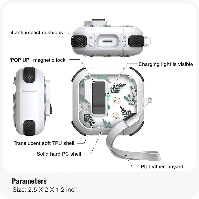 WENEW Case for AirPods 4th Case Cover Secure Lock Automatic Snap Switch Clip Cleaner Kit Lanyard Women Stylish Flower Armour Hard Shell Full Body Front LED Visible (Green Leaves, AirPods 4th)