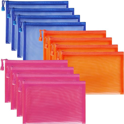 12 Pieces Zipper Nylon Mesh Pouch, Mesh Cosmetic Bags Makeup Bags Pencil Case, Multipurpose Travel Bags for Cosmetic School Office Supplies and Travel Accessories (Multicolored 01, A5)