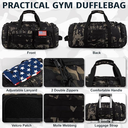 Tactical Gym Bag for Men，70L Large 3 in 1 Sports Duffle Bag with Shoes Compartment for Travel,Water Resistant Travel Backpack Weekender Overnight Bag with Wet Pocket for Women