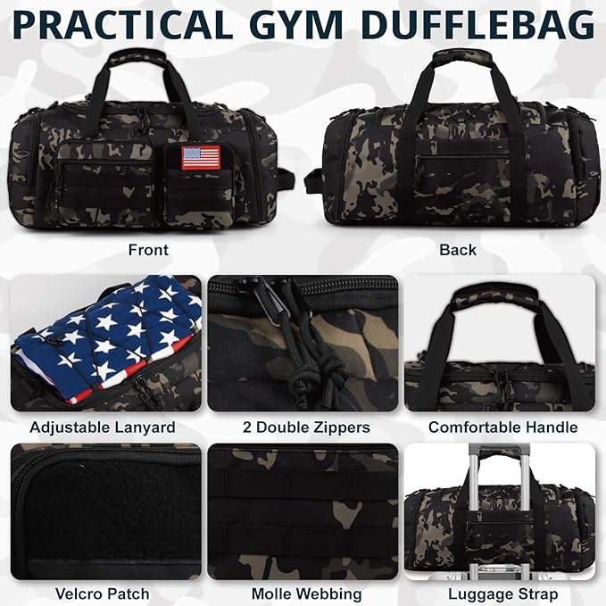 Tactical Gym Bag for Men，50L Large 3 in 1 Sports Duffle Bag with Shoes Compartment for Travel,Water Resistant Travel Backpack Weekender Overnight Bag with Wet Pocket for Women
