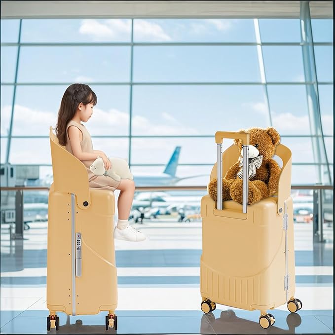 20'' Luggage with Child Seat, Ride On Suitcase with Shockproof Silent Spinner Wheels, TSA Lock, Carry On Luggage with Foldable Backrest, Bag Hook for Kids.