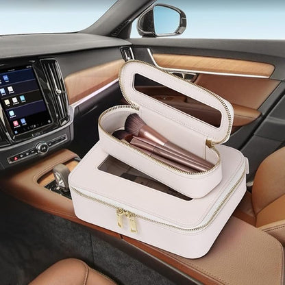 Pinkmik Travel Clear Makeup Bag with Brush Bag Portable Cosmetic Bag Case Transparent Toiletry Bag Cosmetic Organizer Storage Bag for Women (White, L+SLIM)