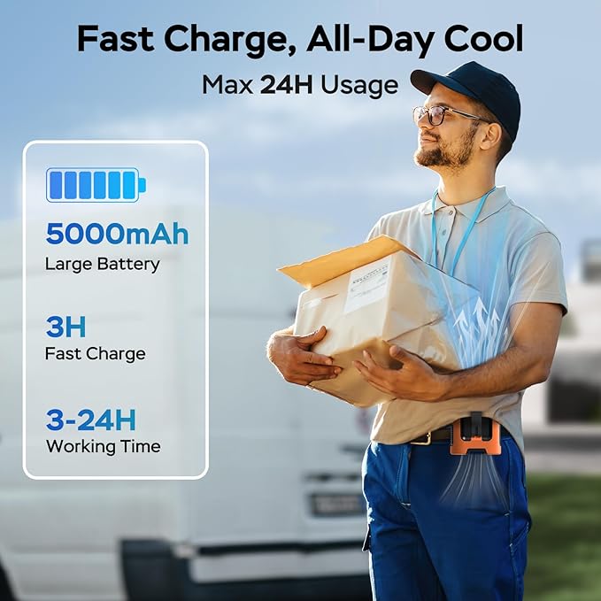 AMACOOL Mini Portable Waist Fan Clip on, 13000RPM 4-Speeds Personal Neck Fans, Up to 24H Battery Life, Rechargeable Wearable Shirt Belt Fan for Outdoor Work Jobsite Travel Camping, Gifts for Men